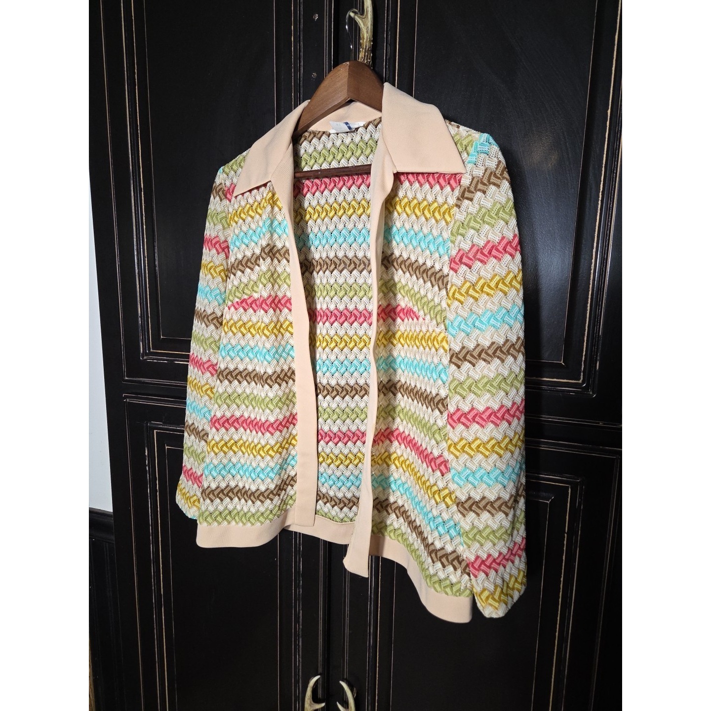 Vintage Sears Fashions 1970 Flame Stitch Open Jacket, Size 12, Hippie, Boho